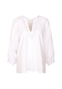 Blusa bianca di lino con scollo a V, maniche a sbuffo e dettagli arricciati ai polsini. Texture liscia con minime accentuazioni delle cuciture.
