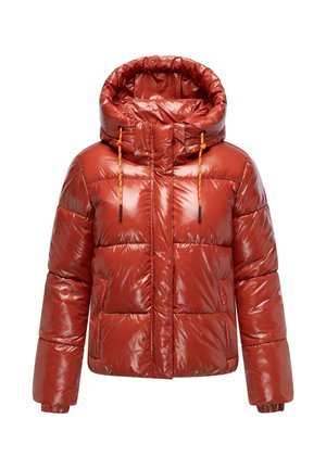 Rote gepolsterte Jacke mit glänzender Oberfläche, hohem Kragen, verstellbaren Kordeln und elastischen Bündchen. Mit horizontaler Steppung und zwei Taschen.