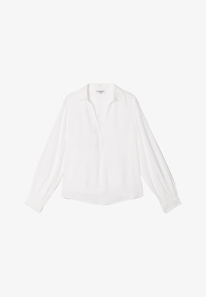 White long-sleeve shirt with a collar, buttoned placket, and gathered cuffs. Made of lightweight fabric with a textured finish.