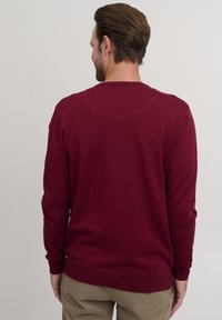 Maglione bordeaux, materiale a maglia morbida, scollatura rotonda, maniche lunghe, polsini e orlo a costine, texture liscia, design semplice.