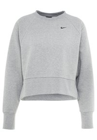 Grauer, kurz geschnittener Hoodie mit rundem Hals, Raglanärmeln und einem kleinen schwarzen Nike-Logo auf der Brust. Hergestellt aus weichem, strukturiertem Material.