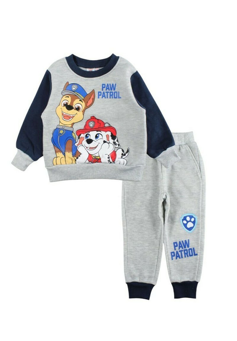 Ensemble sweat-shirt et pantalon de survêtement gris avec accents bleus. Le sweat-shirt présente des personnages de dessin animé avec le texte "PAW PATROL". Tissu doux.