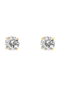 Round diamond stud earrings with four-prong yellow gold settings, displaying clear brilliance and smooth surface texture.
