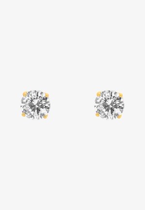 Runde diamantstud øreringe med fire-prongs guldbeslag, der viser klar glans og en glat overfladetextur.