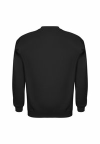 Sort sweatshirt med rund hals, lange ærmer og en glat tekstur. Ingen synlige logoer eller mønstre. Klassisk pullover-design med ribbede manchetter.