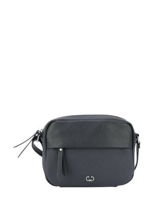 Dunkelblaue Ledertasche für die Schulter mit einer strukturierten Vorderseite, glattem oberen Panel, Reißverschluss und zwei hängenden Quasten. Mit einem Logo-Akzent.
