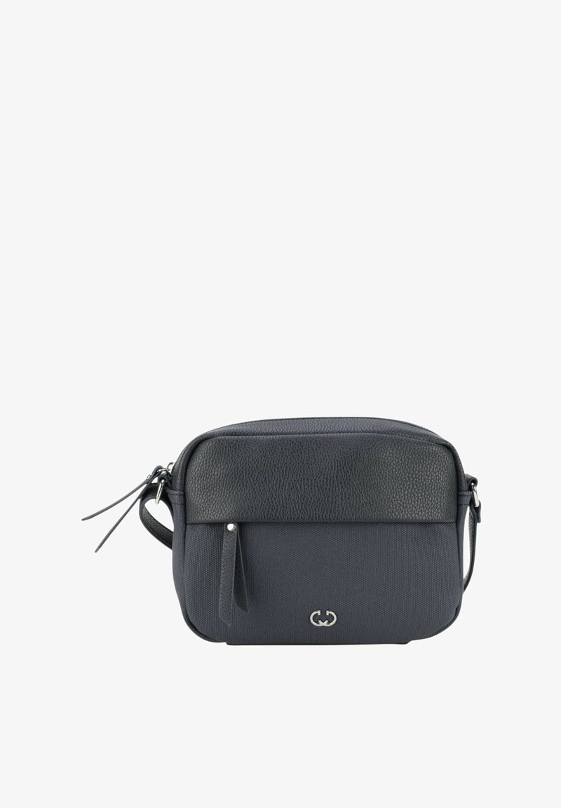 Borsa a tracolla in pelle blu scuro con fronte testo, pannello superiore liscio, chiusura con zip e doppie frange sospese. Presenta un accento con logo.