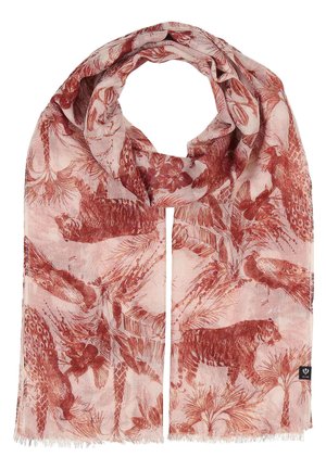 Light pink scarf with reddish-brown detailed prints of leopards, peacocks, tropical leaves, and flowers, with fringed edges.