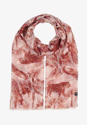 Light pink scarf with reddish-brown detailed prints of leopards, peacocks, tropical leaves, and flowers, with fringed edges.