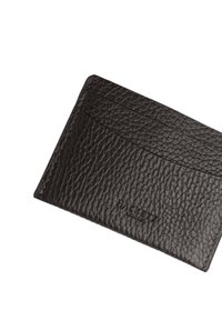 Black leather cardholder with textured finish, multiple card slots, and embossed logo. Compact rectangular shape with stitched edges.
