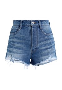 High-waisted denim shorts in light blue with a faded wash. Raw hem with frayed edges and classic five-pocket design. Metal button closure.