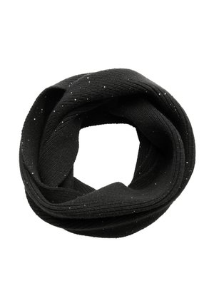 Czarny dziergany komin z subtelnymi, małymi refleksyjnymi kropkami, pokazany na płasko na białym tle.