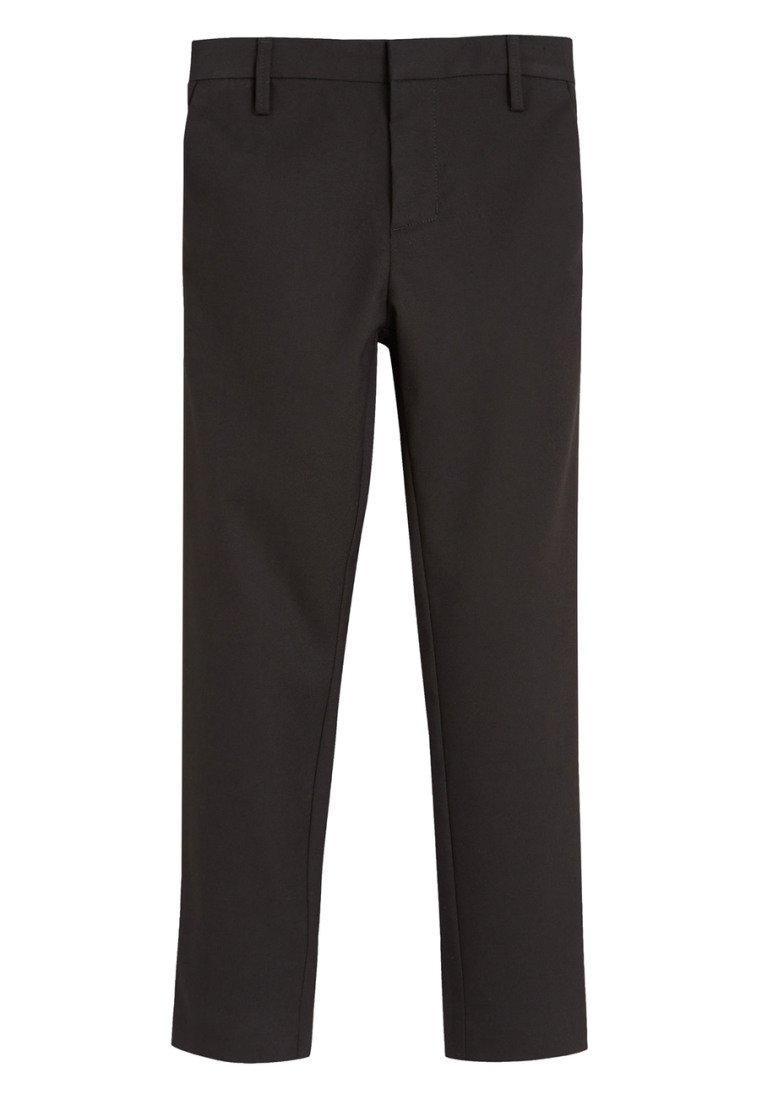 Pantalons noirs en tissu lisse, présentant une coupe droite, des passants de ceinture et des détails de couture discrets. Pas de poches visibles.