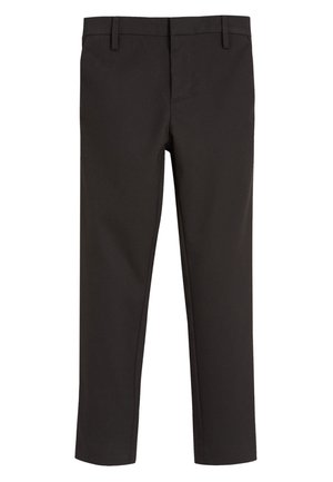 Pantalon slim noir sur mesure avec passants de ceinture et fermeture éclair à l'avant, présenté sur un fond blanc uni.