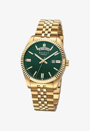 Montre bracelet dorée avec un cadran texturé vert, des index horaires argentés et un affichage de date. Comprend un bracelet en acier inoxydable et une lunette cannelée.