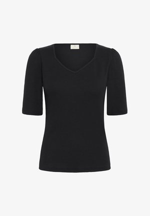 Black ribbed top with a V-neck, short puffed sleeves, and a fitted silhouette. Features a label with the brand name inside the neckline.