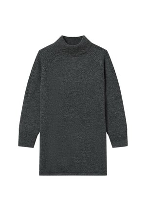 Pull en maille côtelé gris foncé avec col roulé, manches raglan longues, poignets côtelés et texture lisse. Coupe standard avec un design minimaliste.