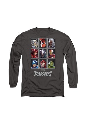 Dunkelgraues Langarmshirt mit neun eingerahmten Marvel-Charakteren und dem Text "Marvel Rivals" unter den Bildern.