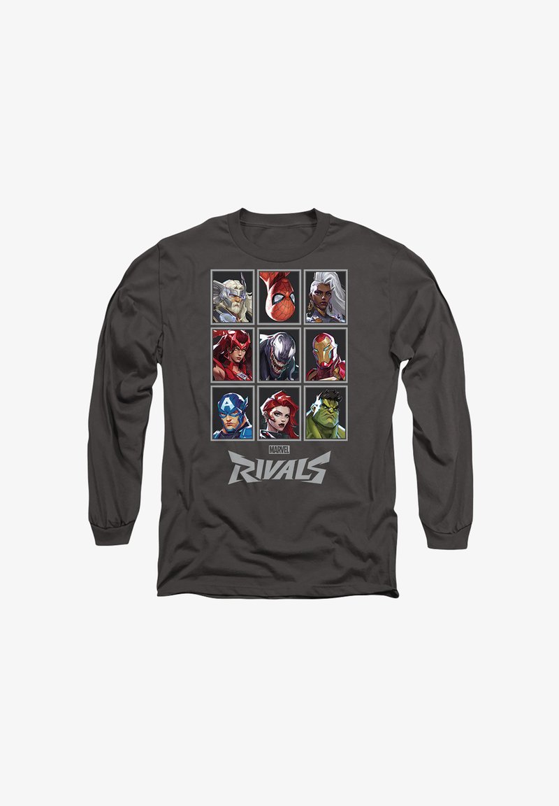 Dark gray long-sleeve shirt featuring nine framed Marvel characters and the text "Marvel Rivals" below the images.