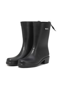 Black rubber ankle boots with a glossy finish, featuring a low block heel and embossed logo. Designed with a side zipper for easy wear.