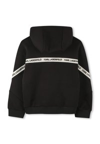 Sweatshirt à capuche noir avec un bandeau logo KARL LAGERFELD blanc dans le dos et sur les épaules, avec des poignets et un ourlet côtelés.