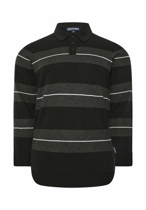 Schwarz und dunkelgrau gestreifter langärmeliger Polopullover mit drei Knöpfen und gerippten Bündchen und Saum, Größe XL.