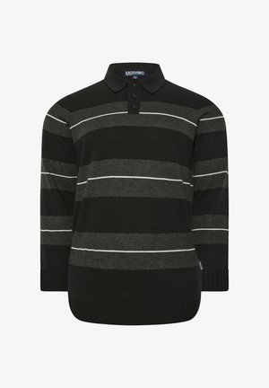 Zwart en donkergrijs gestreepte polotrui met lange mouwen, drie knopen en geribde manchetten en zoom, maat XL.