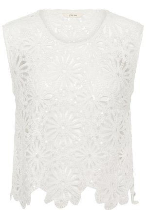 Haut au crochet blanc sans manches avec motifs floraux et sequins, avec un ourlet festonné et un col rond.