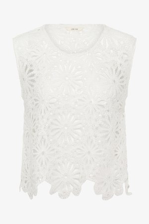 Haut au crochet blanc sans manches avec motifs floraux et sequins, avec un ourlet festonné et un col rond.