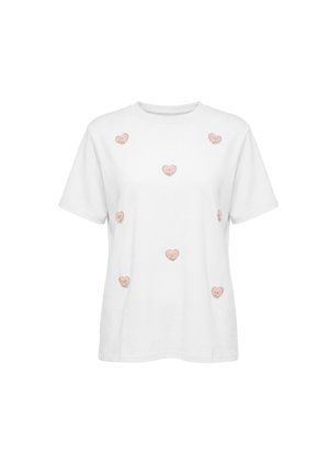 Hvid kortærmet t-shirt med spredte pink broderede hjerte-applikationer foran, hvert hjerte har et lille ansigt indeni.