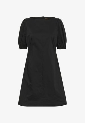 Must mustriga mustriga kaelusega, volüümsed varrukad ja laienev siluett. Seljaosa tõmblukk.