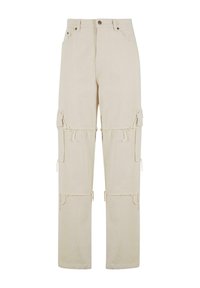 Pantaloni cargo bej din denim, cu mai multe buzunare laterale și detalii cu margini desfăcute. Croială lejeră cu un design drept pe picior.