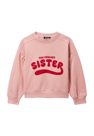 Sweat-shirt rose à manches longues avec poignets et ourlet côtelés, arborant un texte rouge disant « La sœur la plus cool » en police audacieuse et ludique.