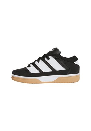 Black and white athletic shoe with three white stripes, perforated detailing, black laces, and a gum sole. Textured black and white upper.