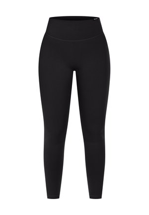 Leggings negros hechos de una tela elástica, con un cinturón alto y una textura suave y elegante, diseñados para la comodidad y la movilidad.