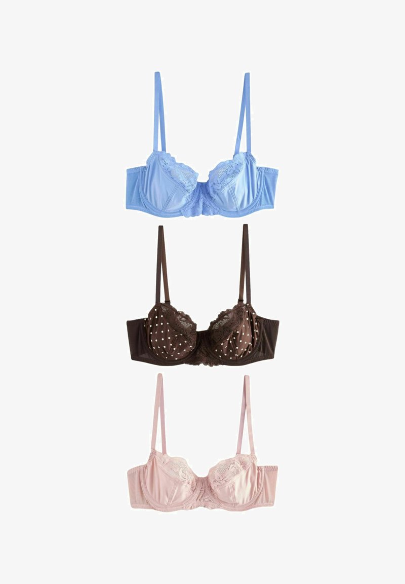 Three lace-trimmed underwire bras in blue, brown with white polka dots, and light pink, arranged vertically on a white background.