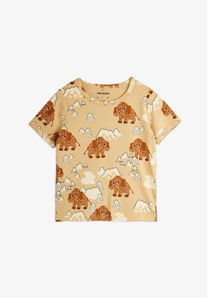 Beige children’s T-shirt with cartoon mammoth and mountain patterns in brown and white, short sleeves, round neck.