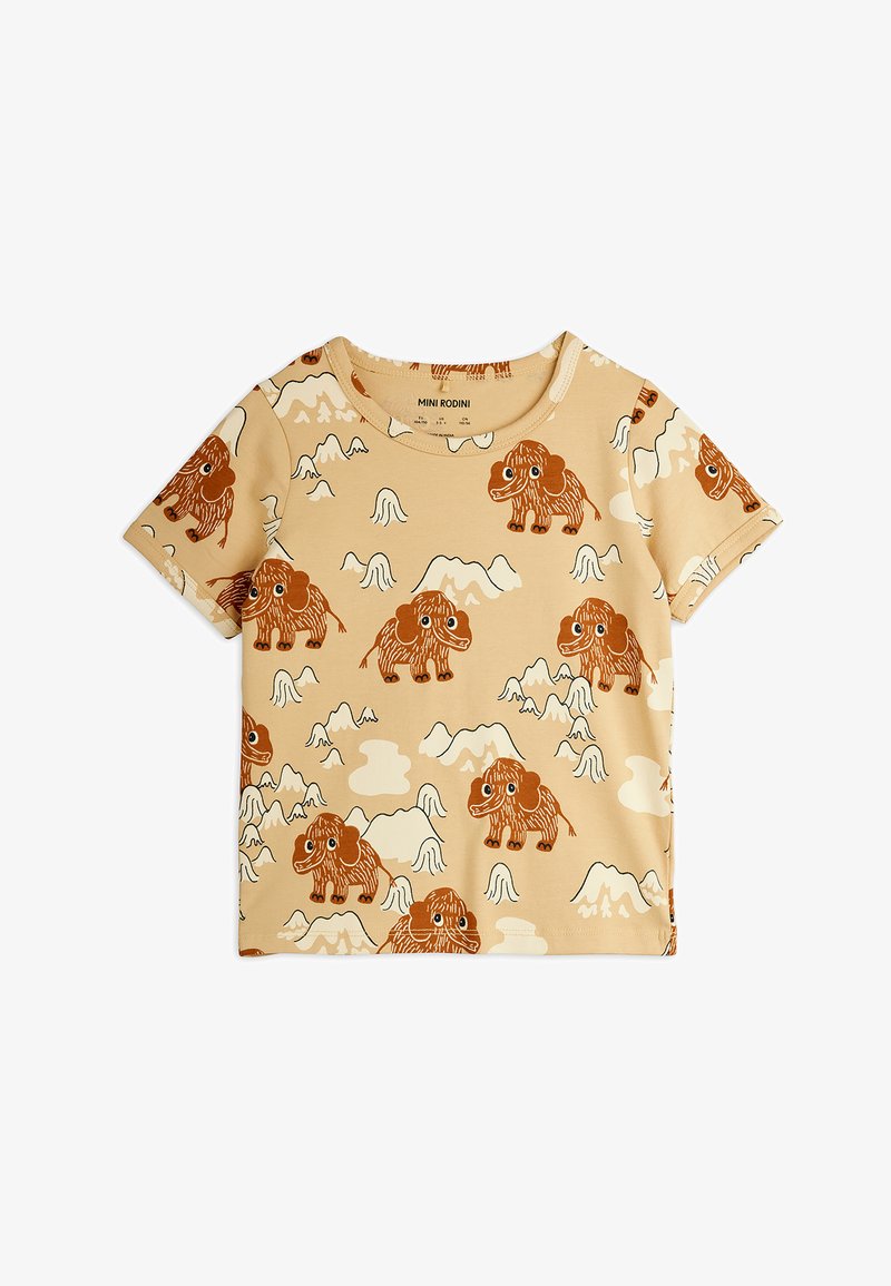 Šviesiai rudos spalvos vaikų marškinėliai su animaciniu mamutu ir kalno raštais rudoje ir baltos spalvos, trumpomis rankovėmis, apvali iškirptė.