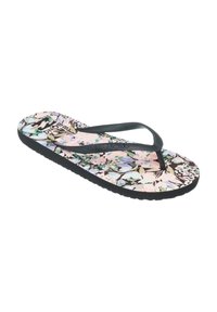 Sandale en caoutchouc noir avec une semelle intérieure à motifs floraux, présentant des fleurs roses, bleues et vertes sur un fond clair et des fines lanières.