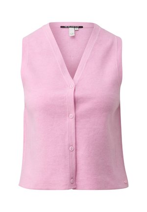 Ärmellose rosa Strickjacke mit V-Ausschnitt und Knöpfen vorne, aus weichem Strickstoff, Größe klein, mit dem Etikett "The QS Love Club".