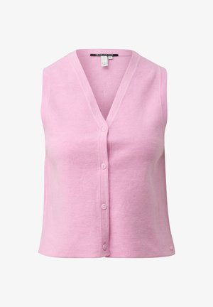 Cardigan sans manches rose avec col en V et boutons sur le devant, en tissu tricoté doux, taille petite, étiquette "The QS Love Club".