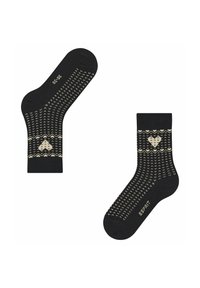 Czarne skarpetki do kostek z geometrycznym wzorem w kremowym kolorze oraz motywem serca, tekstura plecionki i detal z logo w pobliżu palców.