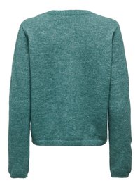 Teal knitted sweater with a round neckline, long sleeves, and a cropped fit. Soft texture and slightly heathered appearance.