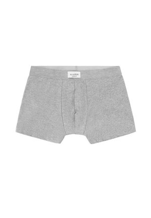 Boxer cortos grises para hombre con apertura frontal y etiqueta de la marca Scalpers en la cintura, colocados planos sobre un fondo blanco.