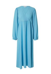 Himmelblaues, langärmliges Kleid mit Wickeldesign, strukturiertem Stoff und gerafften Manschetten. Fließende Silhouette mit Midi-Länge.
