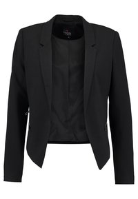 Blazer negro ajustado para mujer con solapa, mangas largas y bolsillos laterales con cremallera, parte delantera abierta y forro interior suave.