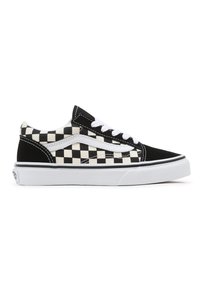 Black and white checkered canvas skate shoes with white laces, rubber sole, and black suede accents. Side stripe design adds detail.