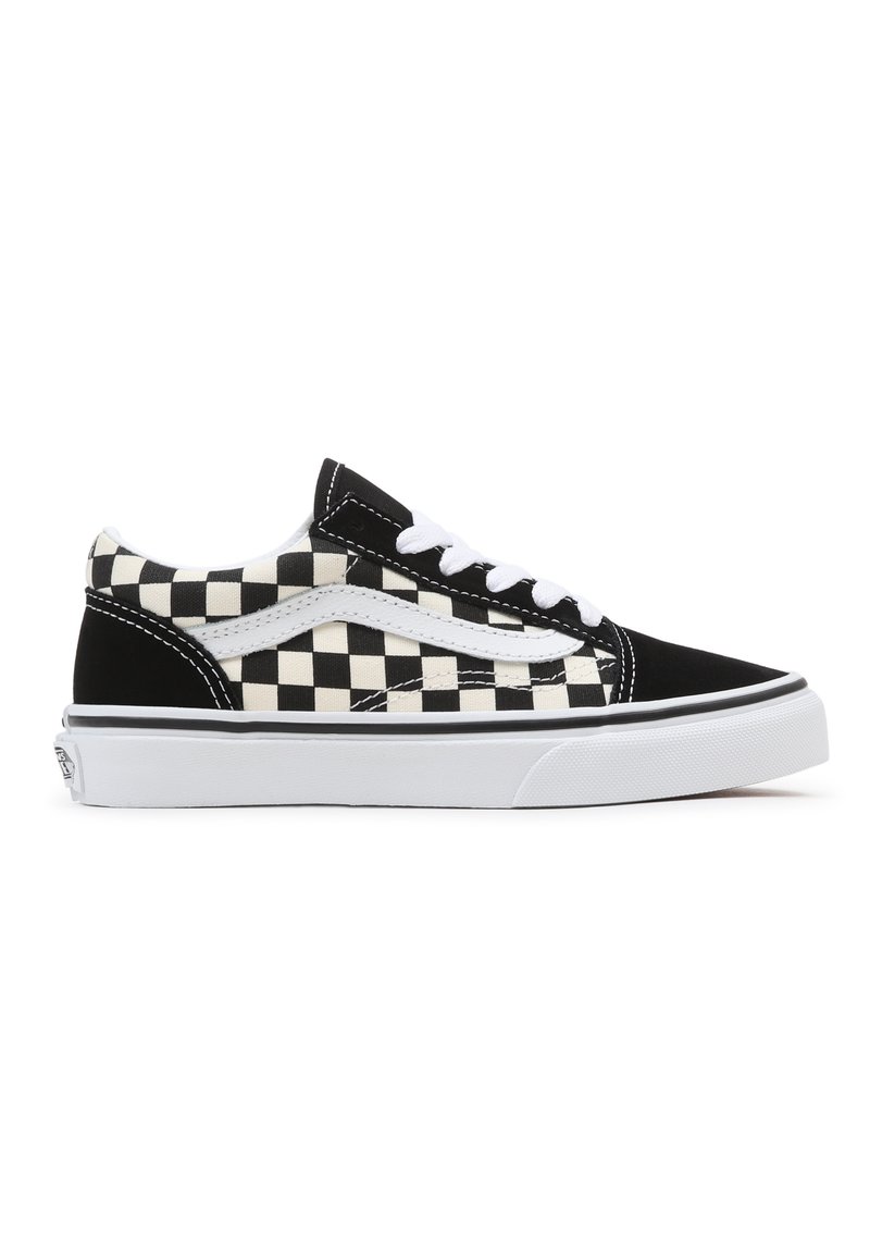 Black and white checkered canvas skate shoes with white laces, rubber sole, and black suede accents. Side stripe design adds detail.