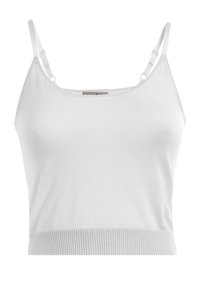 Top corto de punto blanco con tirantes ajustables, dobladillo acanalado y textura suave. Diseño simple y ajustado sin patrones visibles.