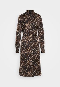 Rochie cu imprimeu leopardo maroniu și negru, cu mâneci lungi, guler și talie cu centură. Fabricată dintr-un material neted, cu deschidere cu butoane în față.
